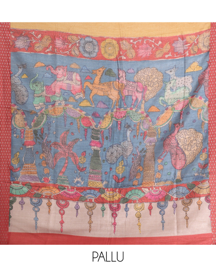 Brown Plain Fancy Tussar Silk Saree, Contrast Triangle Motif Border, Pallu of Kalamkari Peacock Motifs, and Contrast Kalamkari Printed Blouse