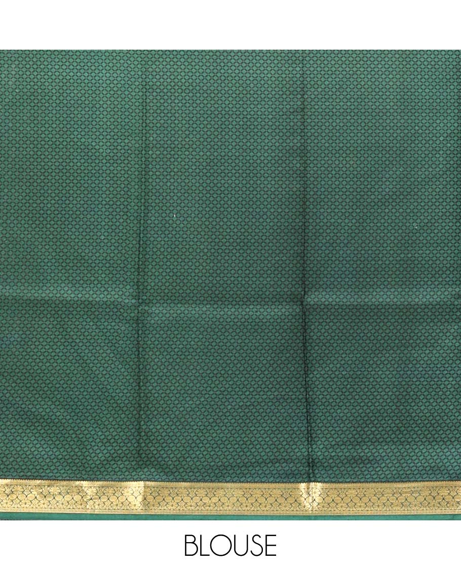 Green Printed Silk Saree, Adorned with Intricate Designs, Highlighted by a Traditional Zari Border, Printed Pallu, and a Matching Blouse