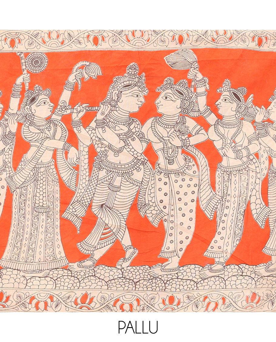 Multi-Color Kalamkari Cotton Saree, Elevated with Pichwai Cow Print, Contrast Printed Border, Kalamkari Human Motifs Pallu, and a Matching Blouse