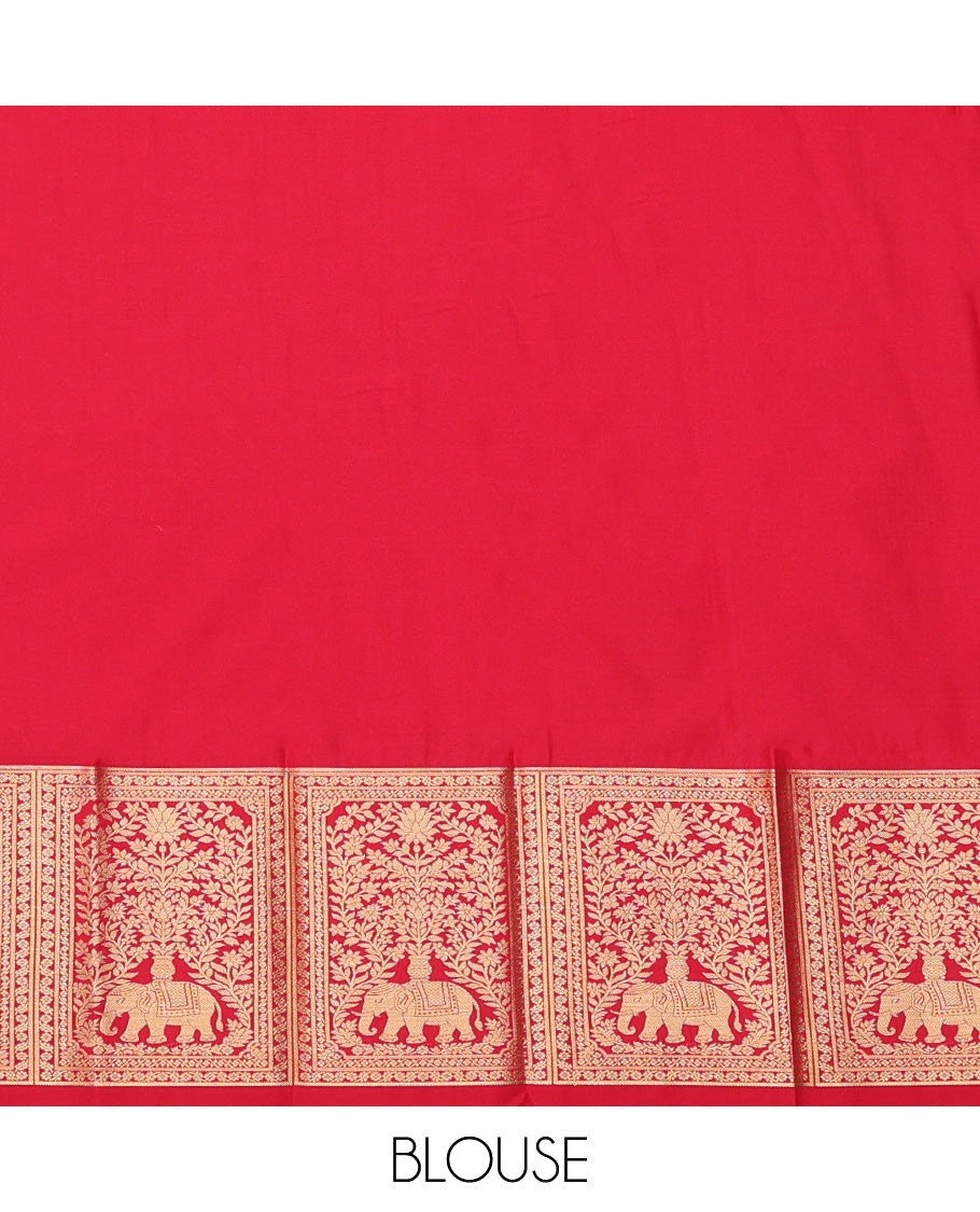 Maroon Budget Silk Saree, Adorned with Peacock-Chakram Buttas and Stripes, a Contrast Elephant Border, Paisleys Pallu, and a Contrast Blouse