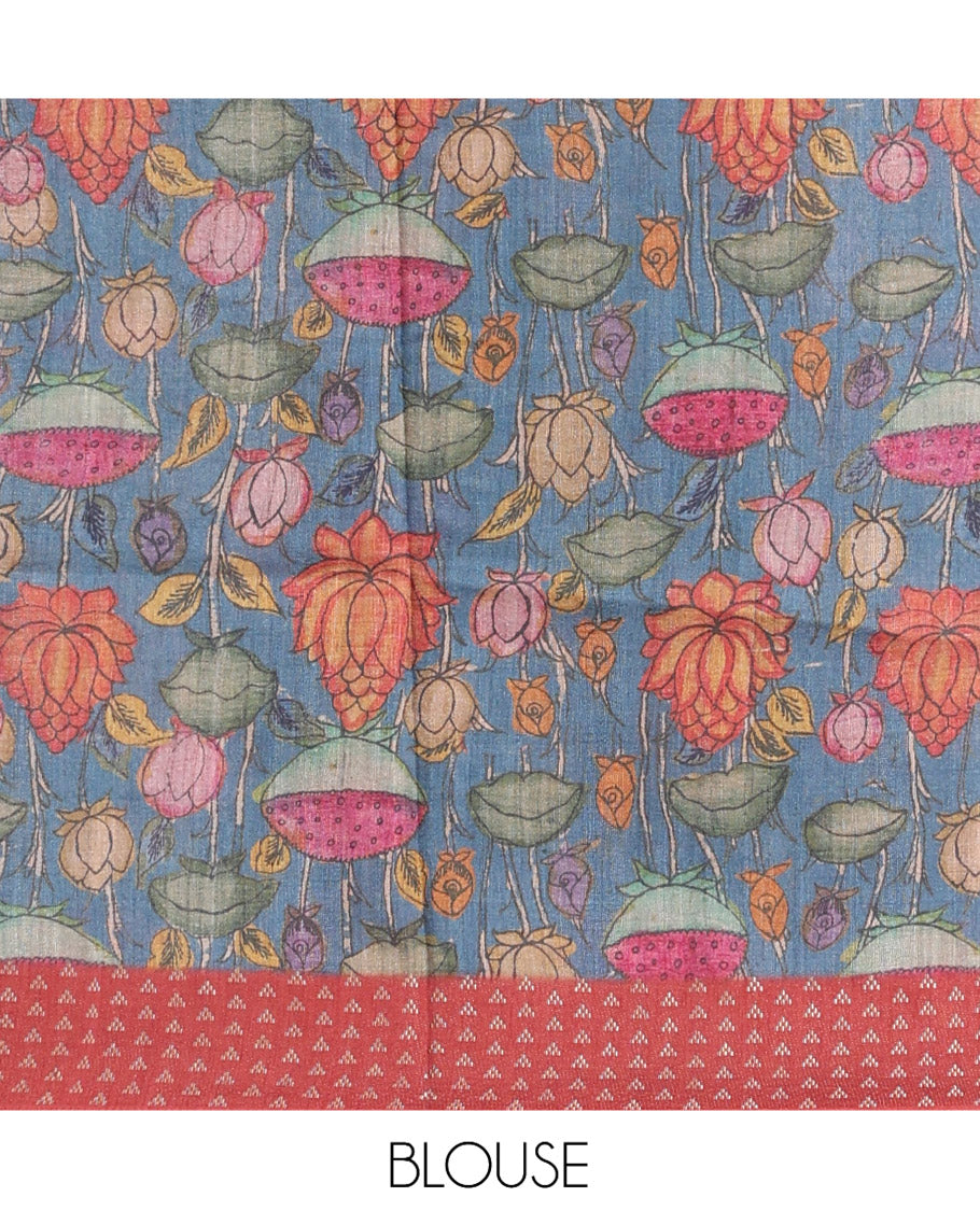 Brown Plain Fancy Tussar Silk Saree, Contrast Triangle Motif Border, Pallu of Kalamkari Peacock Motifs, and Contrast Kalamkari Printed Blouse
