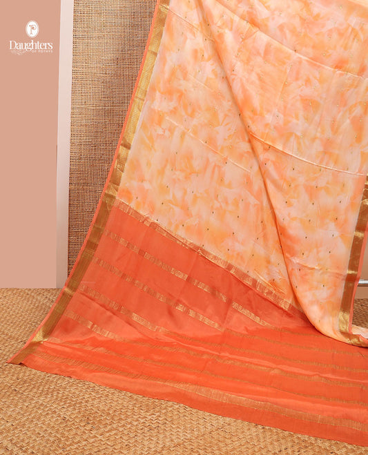 Cream floral printed mysore silk saree with polka dot, self zari border & striped border