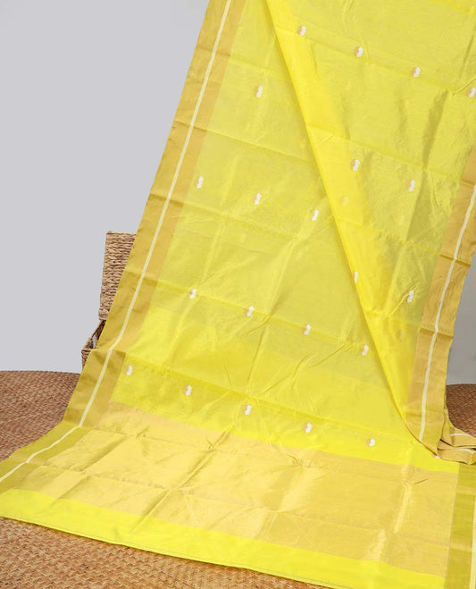 Yellow Chanderi saree with buttas, plain border & zari design pallu