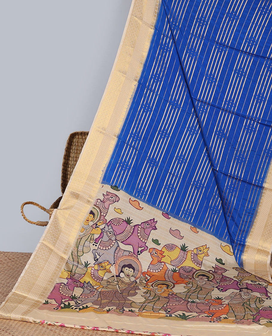 Blue striped mysore silk saree with contrast zari design border & pichwai theme design pallu