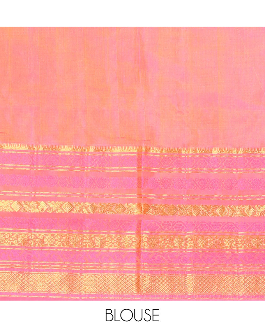 Yellow Venkatagiri Silk Saree, Sparsely Woven with Zari Buttas All Over Its Body, Complemented by a Contrast Border of Temple, Floral, and Peacock-Eye Designs, Pallu of Peacock Eye Designs, and Paired with a Contrast Blouse