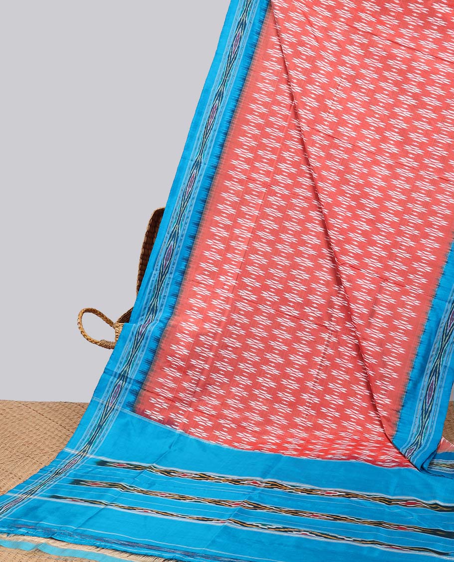 Red intricate design ikkat silk saree with contrast striped border & striped design pallu