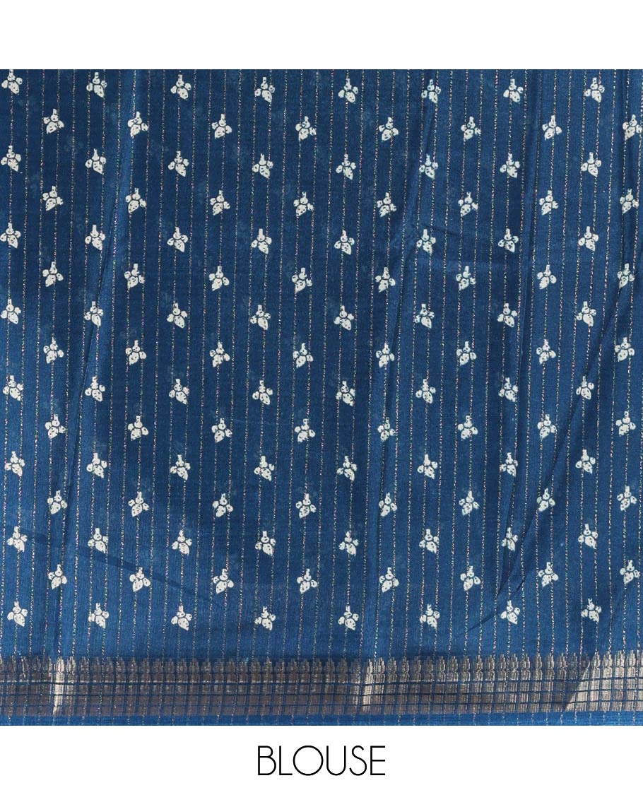 Ramar blue zari striped & batik paisley-floral printed dola silksaree,contrast zari border,batik paisley print pallu & blouse of print & zari work