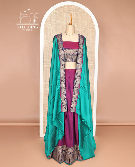Purple cotton half saree with contrast elephant design border,elephant design blouse & elephant design border dhavani