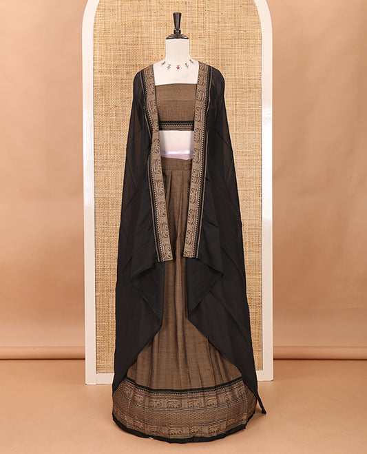 Brown with balck cotton half saree with contrast elephant design border,elephant design blouse & zari design border dhavani