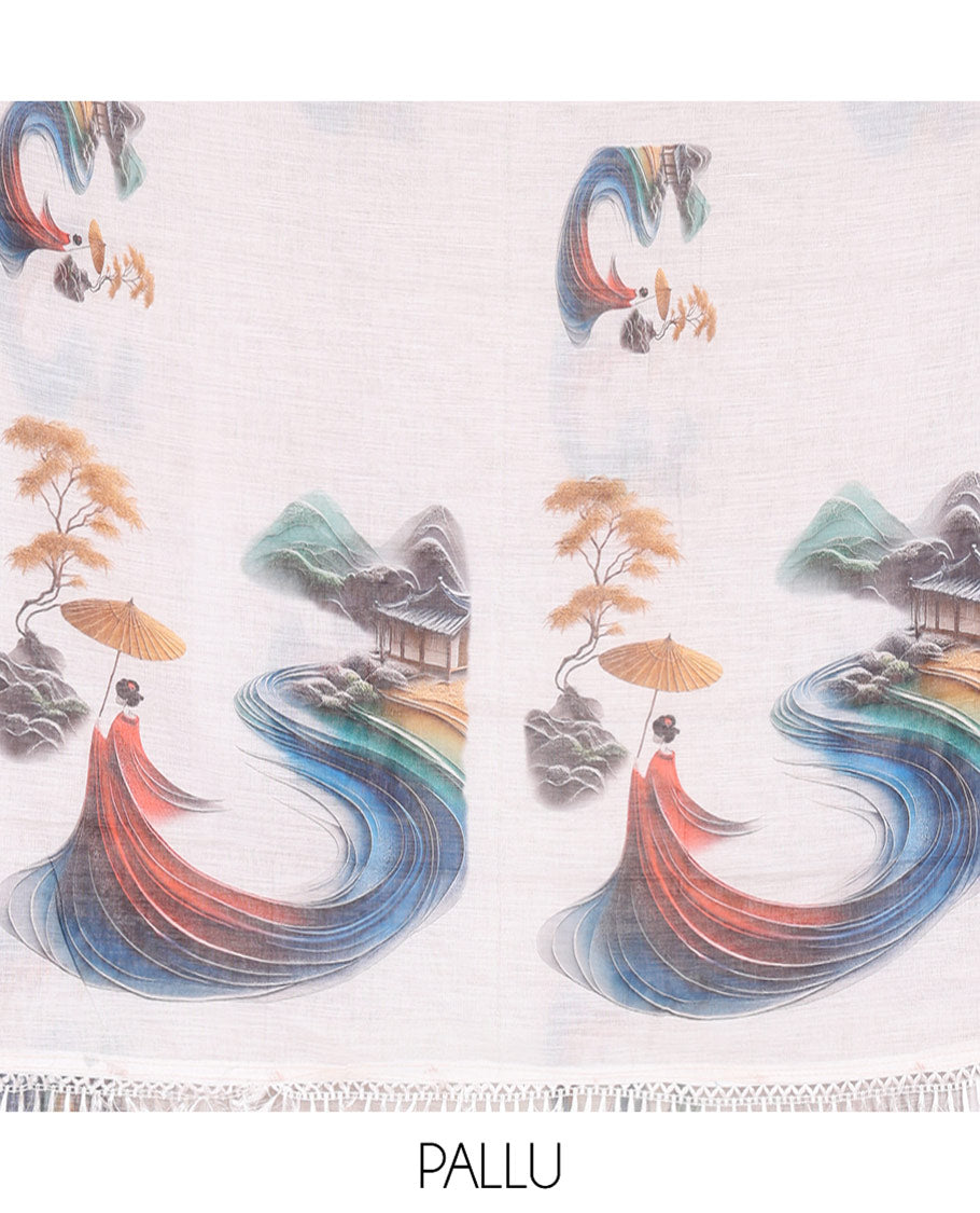 White Linen Cotton Saree Showcasing Chinese Women Motifs Printed on Its Body, and Pallu, Subtle Piping Border, and Paired with a Matching Blouse