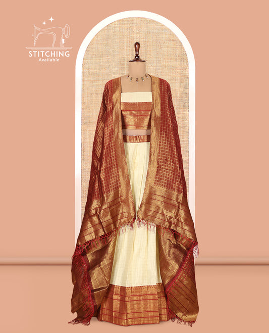 Cream-Maroon Semi-Silk Half-Saree