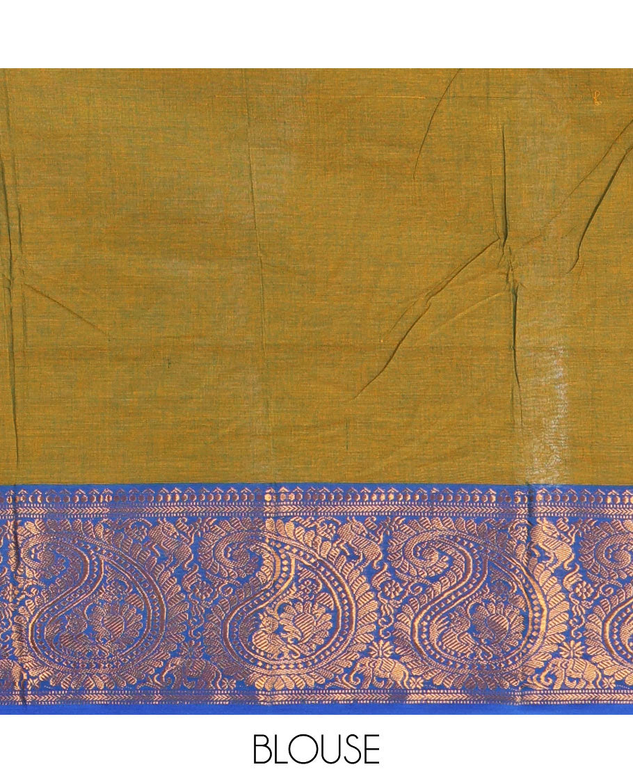 Mehendi green plain design mercerised cotton saree, contrast traditional peacock enclosed manga border, striped pallu & matching blouse