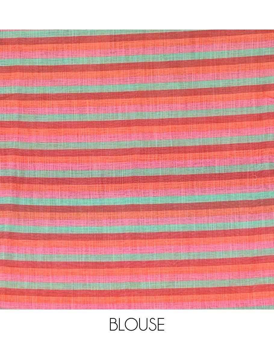Borderless multi-color ombre striped & handpainting-style flora & birds printed linen cotton saree, Radha motif printed pallu & colorful striped blouse