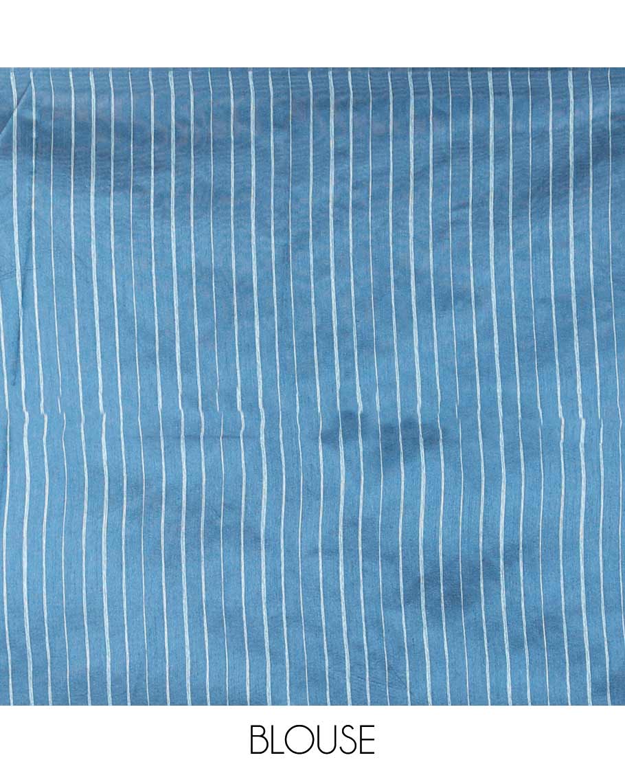 Borderless Blue brasso weaving design semi-khicha jute saree with weaving with sequins , tussels & vertical lining weaving design blouse