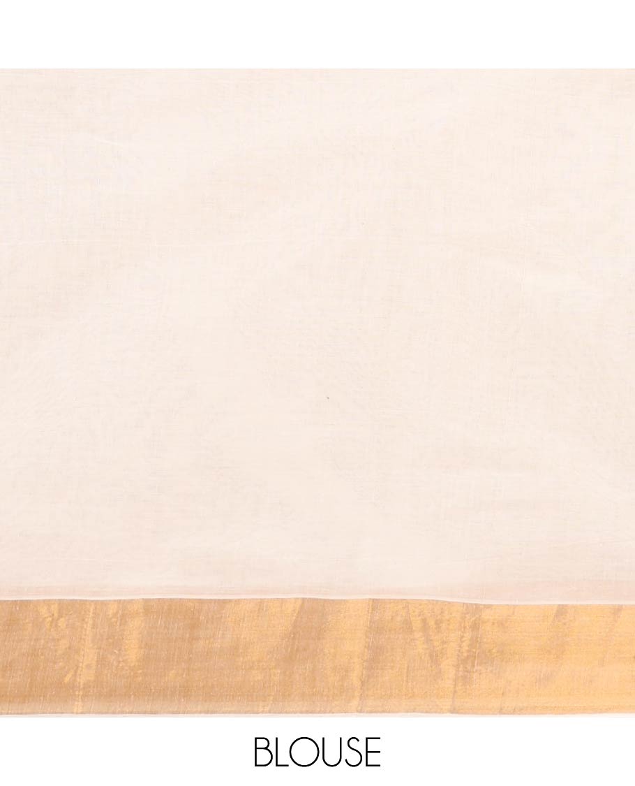 Cream with brown flower butta kerala cotton saree with zari bawanchi border & printed pallu along with plain blouse