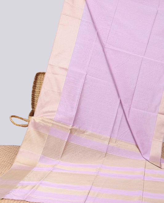Lavender maheshwari cotton saree with contrast zari border & striped zari pallu
