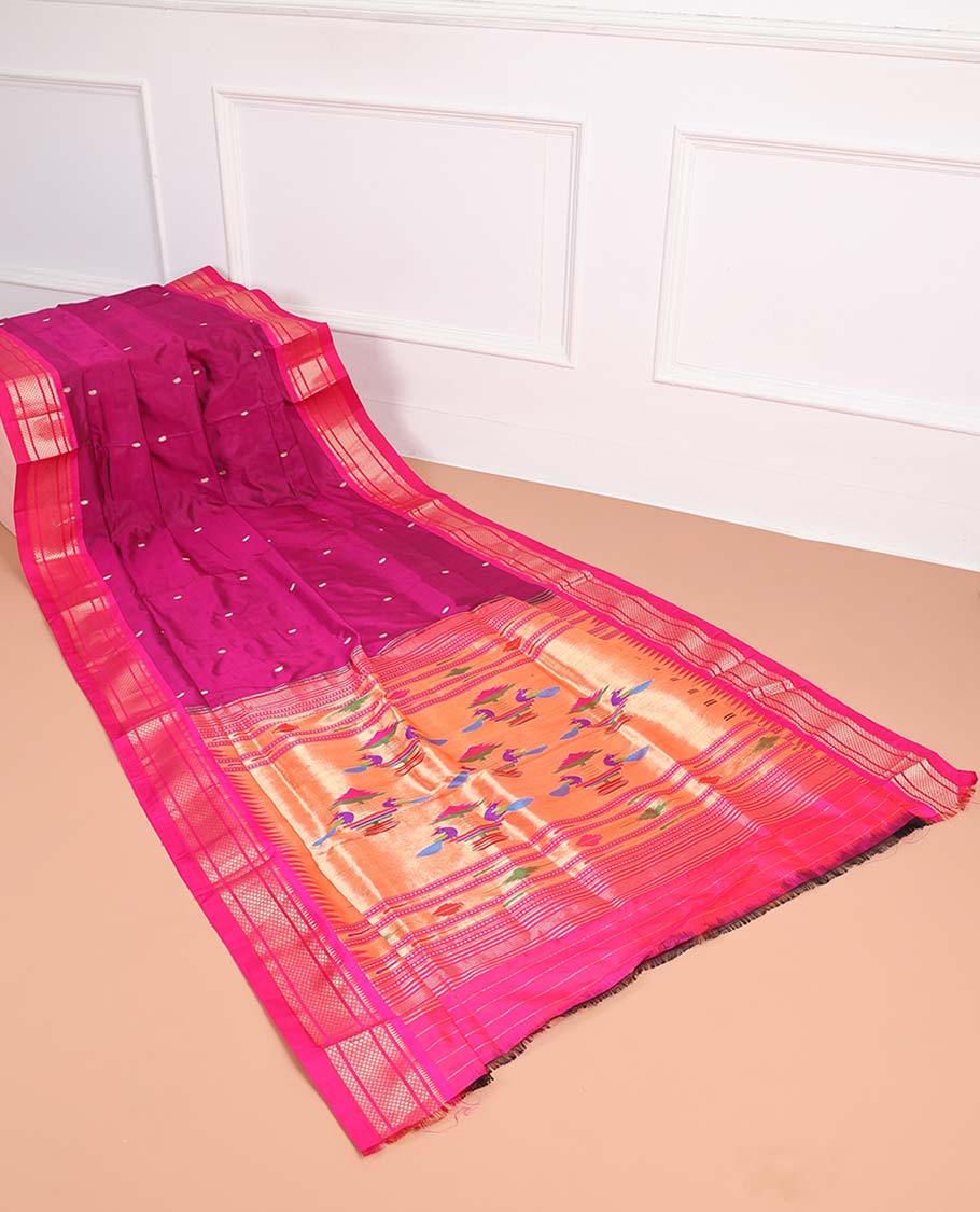 Pink motifs paithani silk sare with contrast checked zari border & intricate zari design pallu