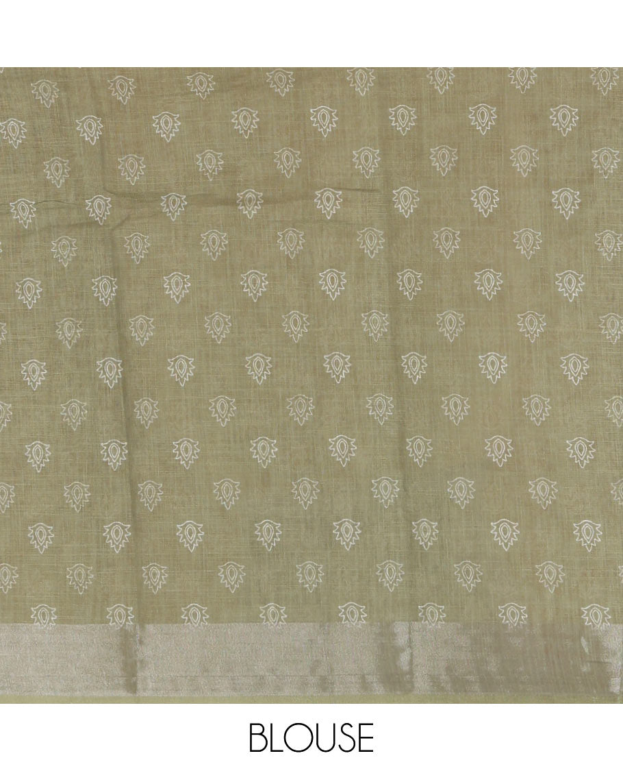 White unique motifs printed linen saree, contrast bavanji silver zari border, floral-geometric printed pallu & green motifs printed blouse