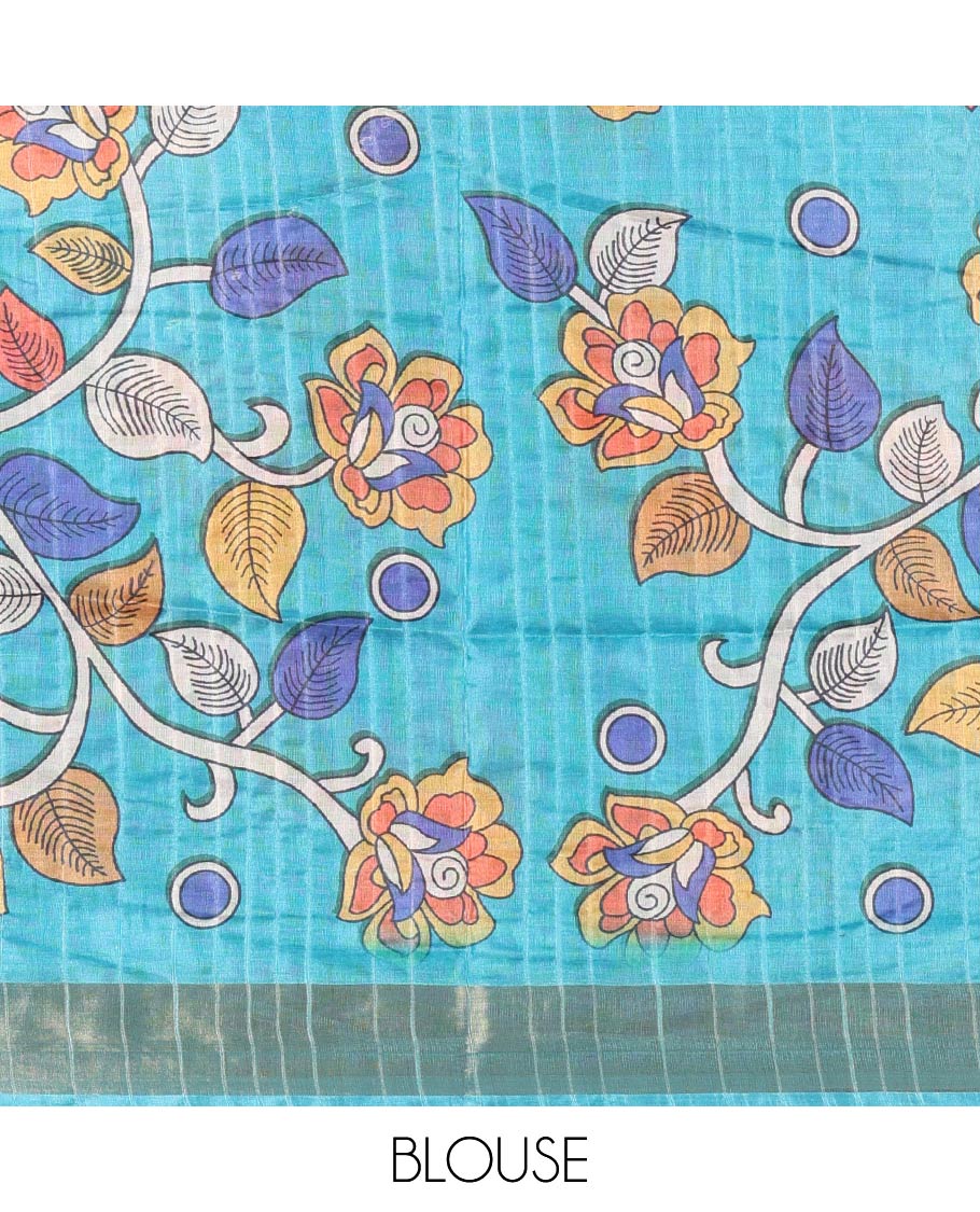 Blue uniquely printed soft tussar saree, contrast zari border, kalamkari floral vine printed pallu & kalamkari printed blouse