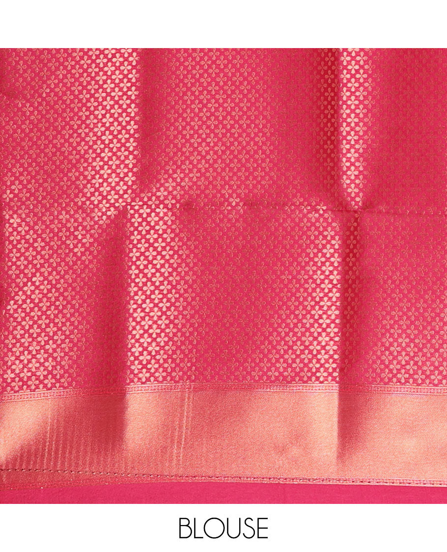 Rani pink paisley zari jacquard Kanchi tissue saree, zari border, pallu steeped with paisleys, and jacquard matching blouse