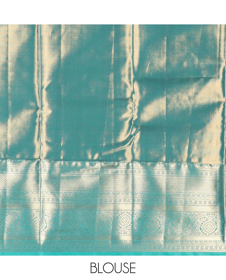 Pinkish peach zari vine jacquard budget silk saree, contrast traditional zari design border, and pallu of zari jaal design weave