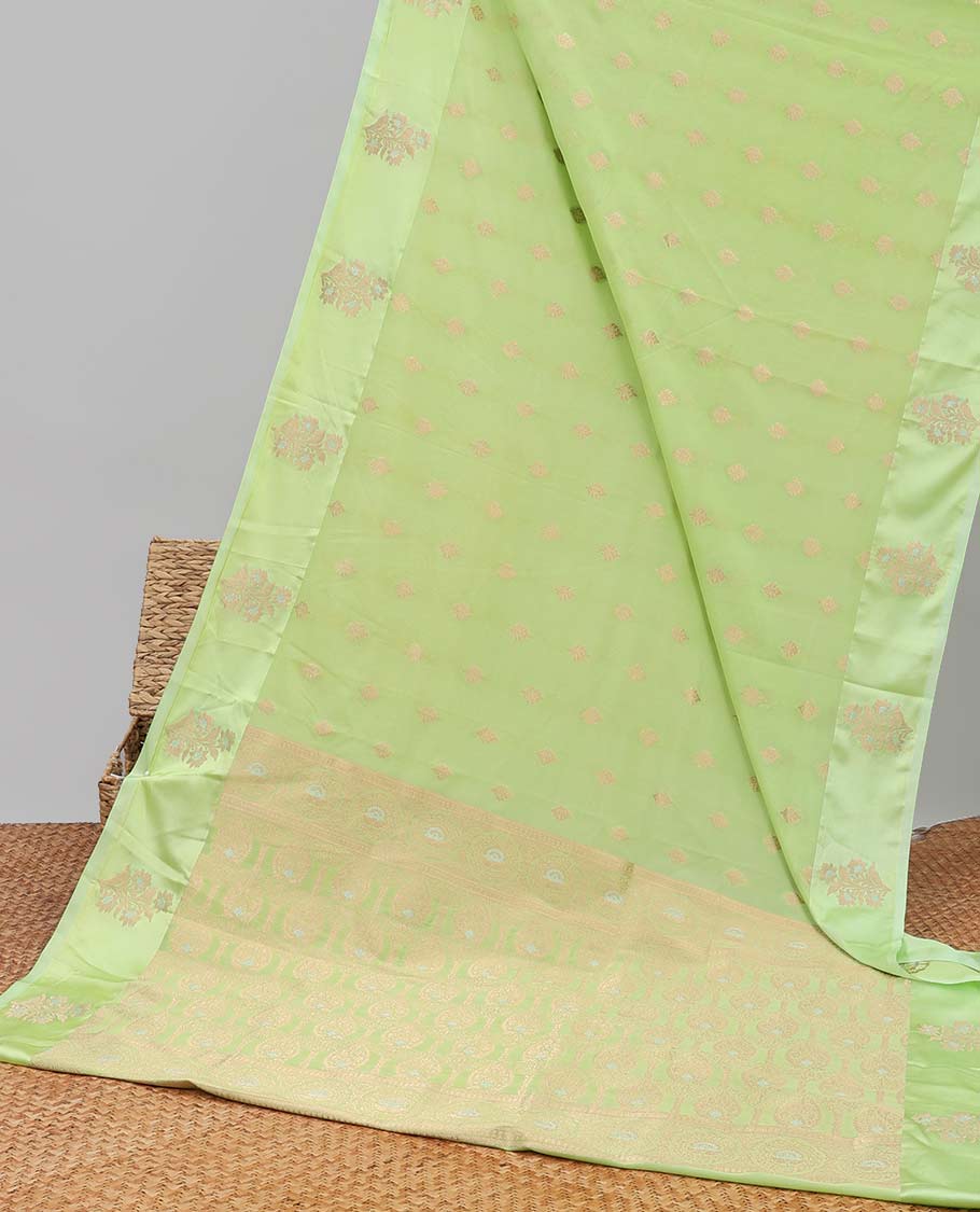 Green leaf motifs mushru silk saree with self floral design border & pallu of intricate zari design