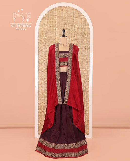 Wine-Red Mercerised Cotton Half-Saree Half-Saree Features Plain with Contrast Rettai Pettu Elephant-Chakram Bordered Skirt, Paired with a Matching Blouse, and Comes with a Contrast Elephant-Chakram-Bordered Dhavani