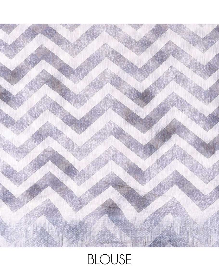 White color with navy blue floral printed semi-chanderi cotton saree with self zig zag striped border & lining chit pallu along with zig zag all over blouse