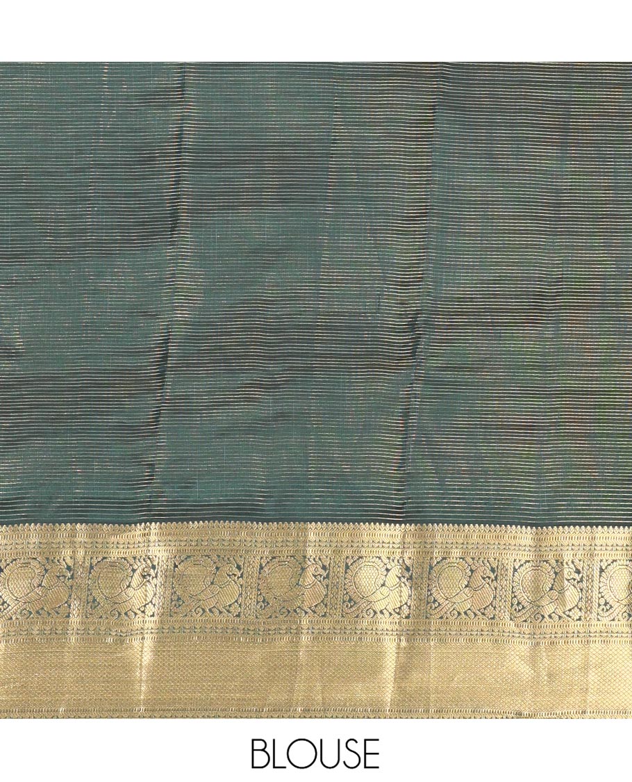 Red Vasundhara Lite Silk Mix Saree, Delicately Woven with Zari Buttas and Stripes, Complemented by a Contrast Border of Rekku, Muthu, Mayil, and Mayil Kann Designs, Pallu Steeped with Peacock Feather-Like Designs, and Paired with a Contrast Blouse