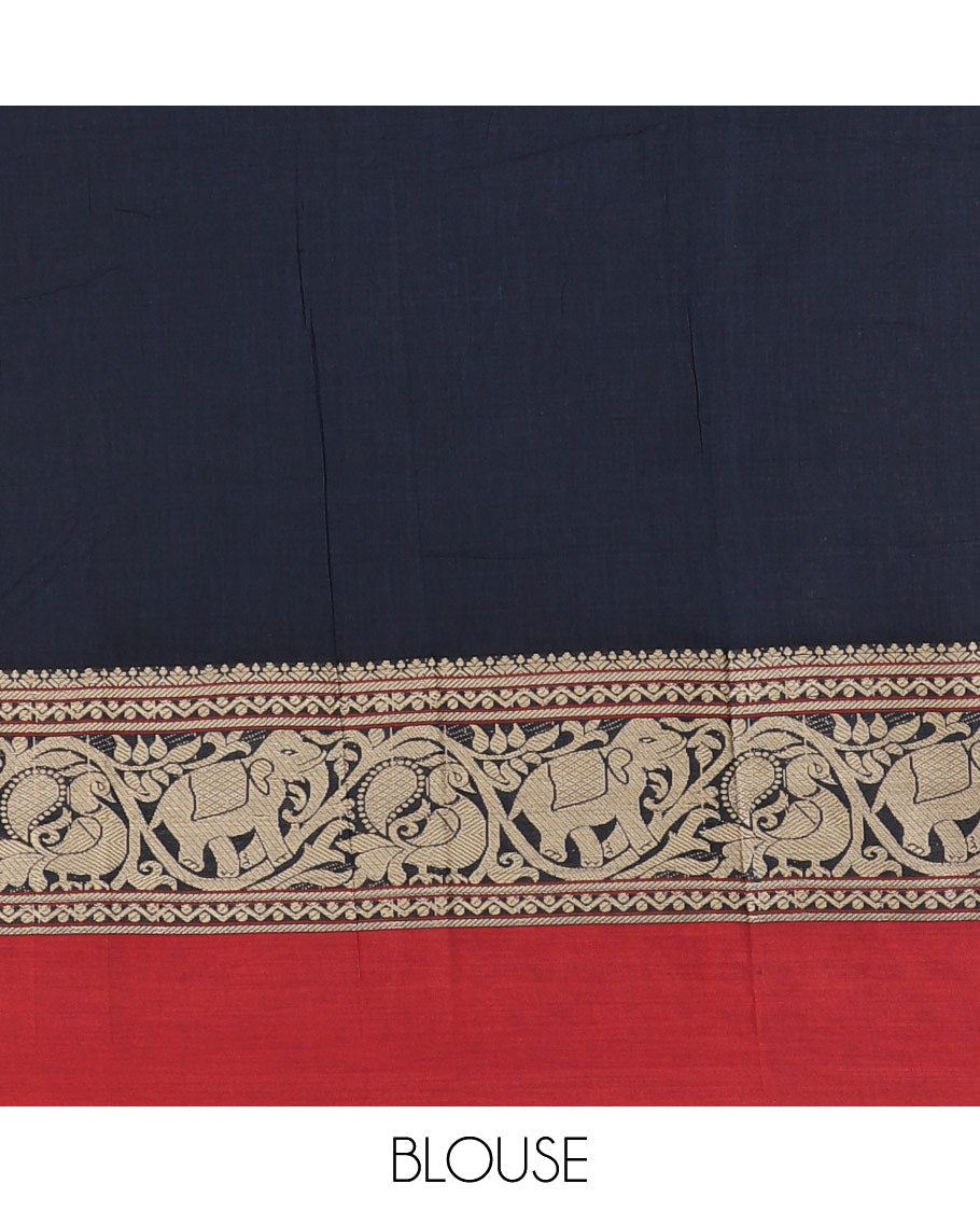 Navy blue plain mercerised cotton saree, contrast traditional border of peacock, and elephant motifs, striped pallu, and a matching blouse