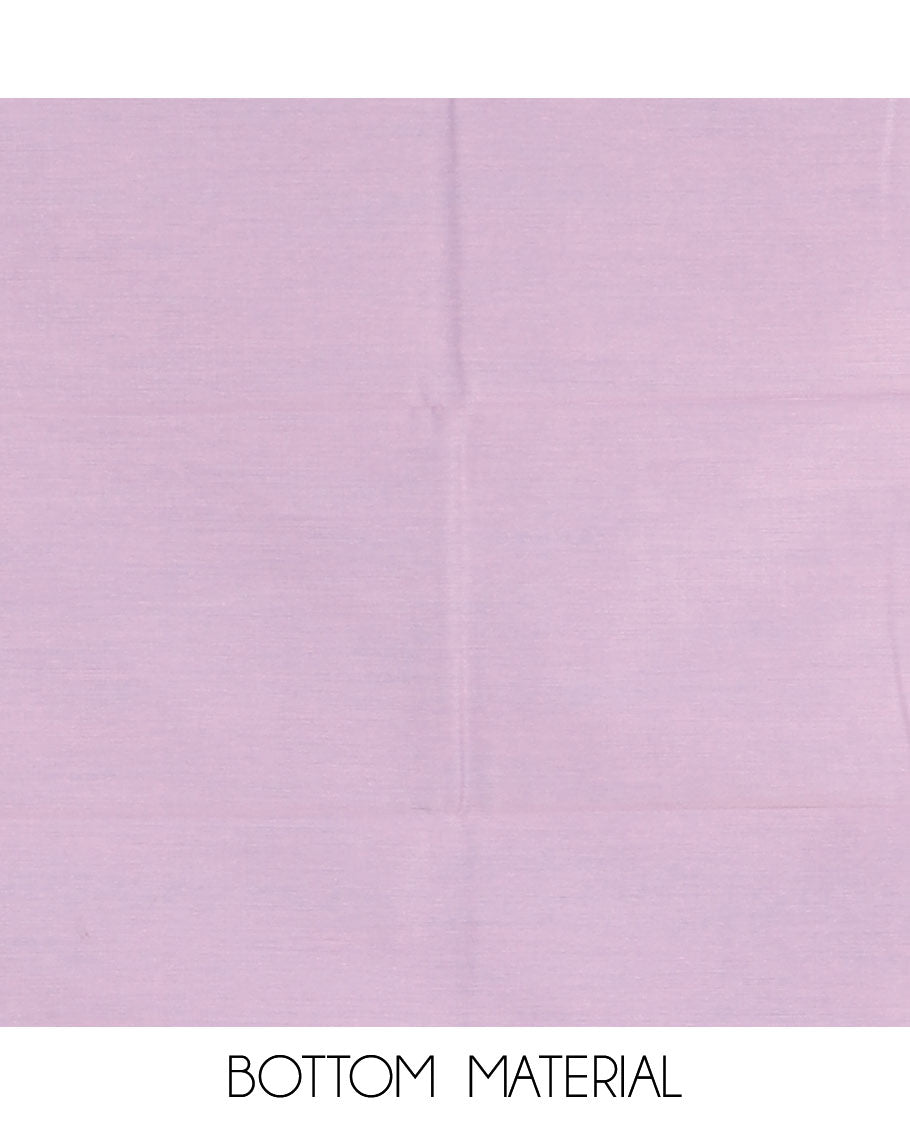 Lavender net kota material chudidar set, macaw parrot, and flower motifs, multi-color sugar bead embroidered top, plain santoon bottom, and sugar bead embroidered dupatta
