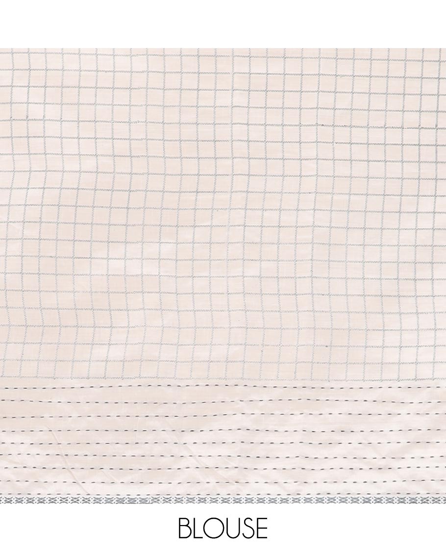 White checks semi-tussar saree with self double side kantha stitching border & embroidery pathik pallu