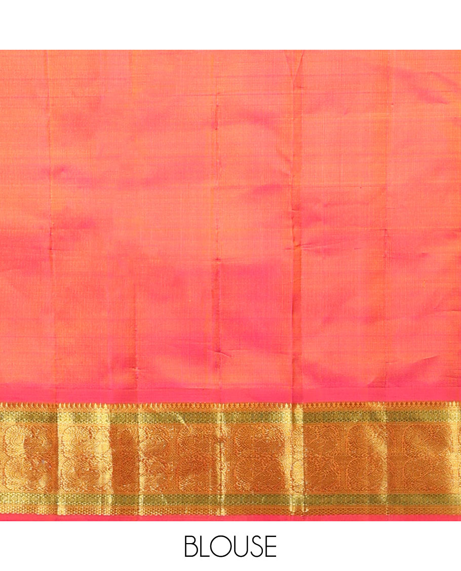 Orange leaf buttas kancheepuram silk saree with contrast border of sombu, paun, mayil design & zari design pallu