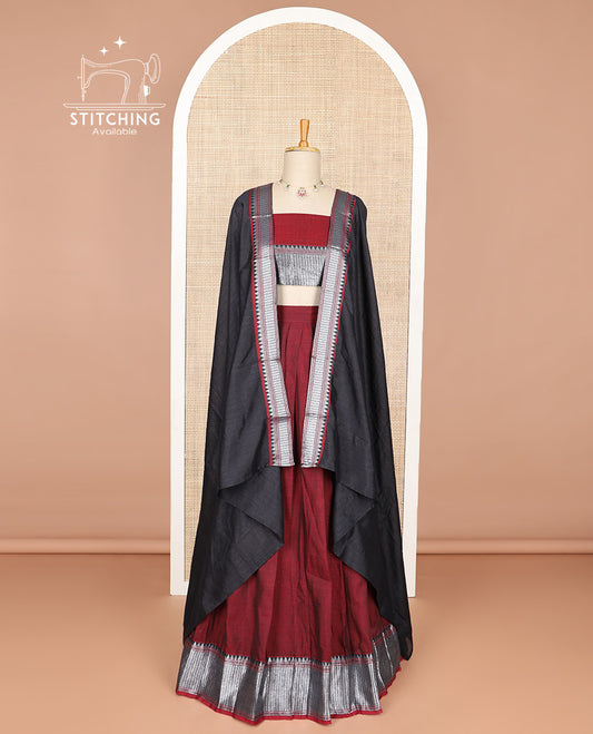 Red cotton half saree with contrast zari design border, zari design blouse & plain, zari design border dhavani