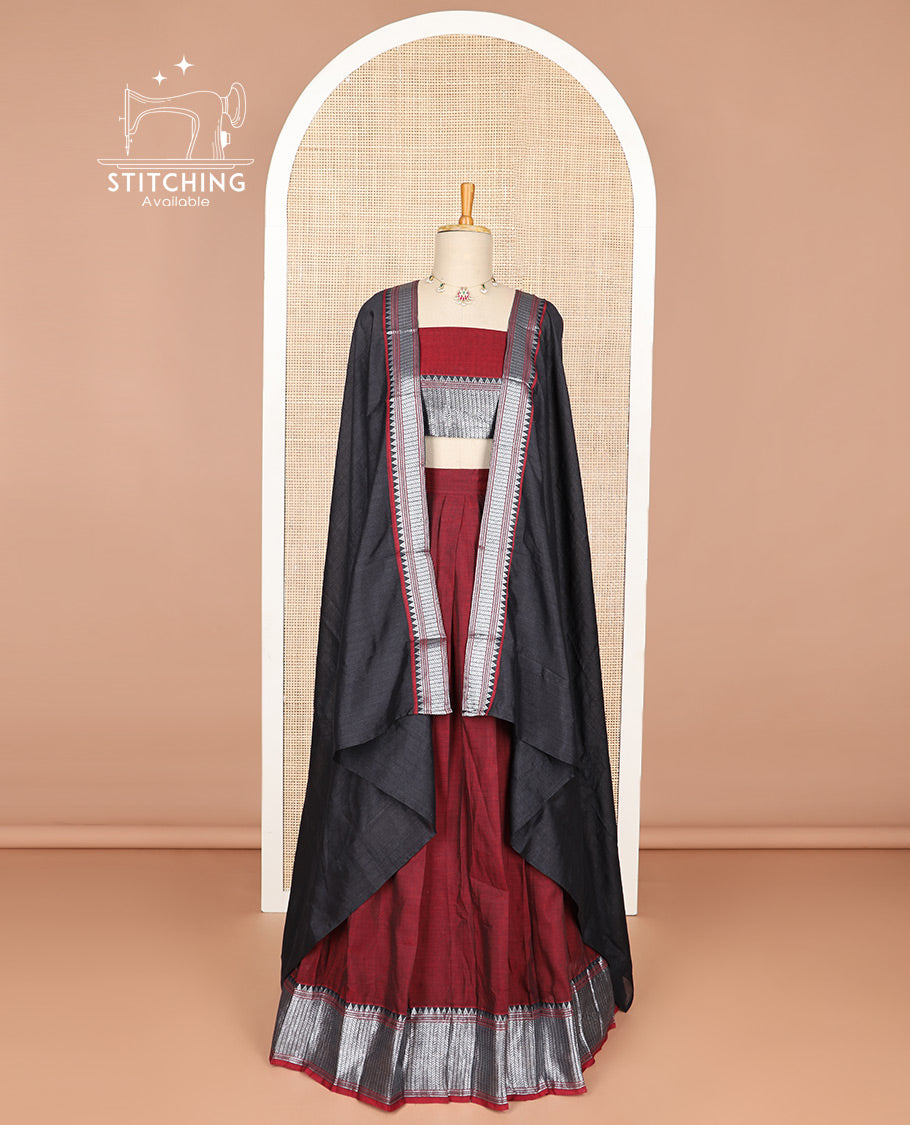Red cotton half saree with contrast zari design border, zari design blouse & plain, zari design border dhavani