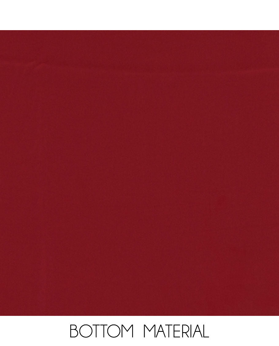 Reddish maroon Italian crepe material chudidar set, paisley printed top, plain bottom, and floral-paisley printed georgrette dupatta