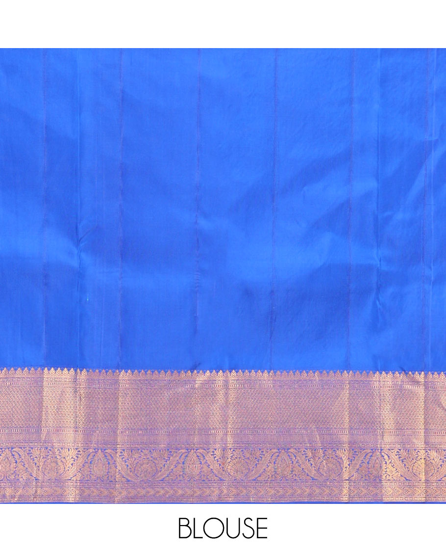 Blue Kanchipuram Wedding Silk Saree, Embellished with Jacquard Design on Its Body, Highlighted by Zari Border of Muthu, Jaal, Diamond, Vanki, and Kodi Visiry Designs, Intricately Designed Pallu, and Paired with a Matching Blouse