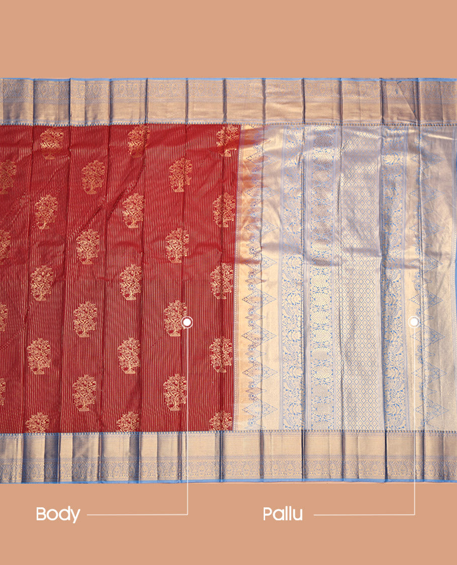Red Budget Silk Saree, Adorned with Zari Buttas and Stripes, Contrast Traditional Zari Border, Jaal Pallu, and a Contrast Blouse