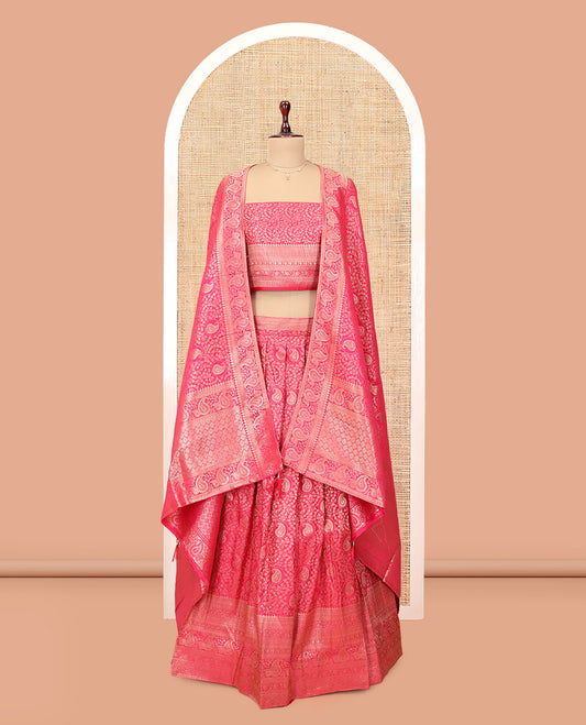 Pink Banarasi Half-Saree, Majestically Detailed with Jacquard Design Skirt, a Traditional Border, Matching Blouse, and Intricately Designed Dupatta
