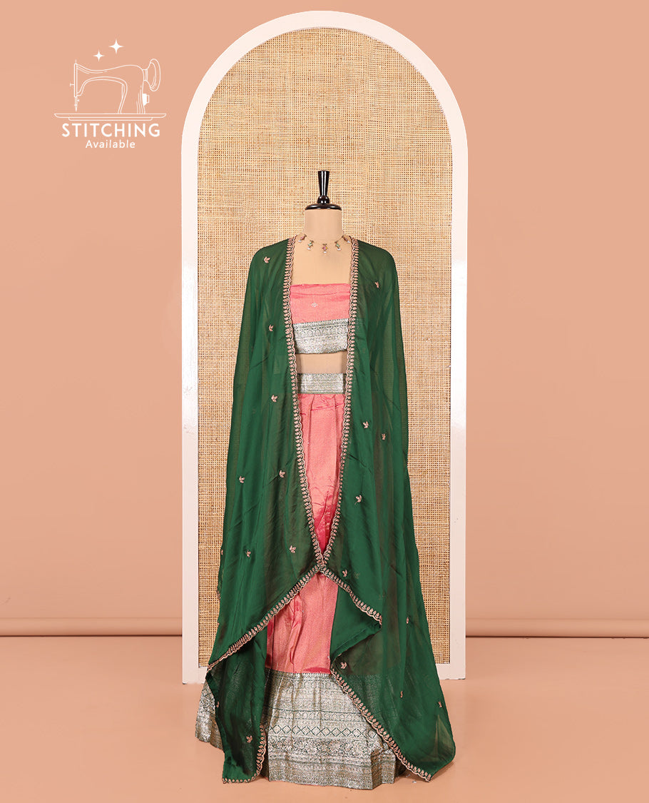 Onion Pink-Green Banarasi Silk Half-Saree Featuring Buttas Skirt, Contrast Traditional Border, Matching Blouse, Syska Georgette Embroidery Dhavani