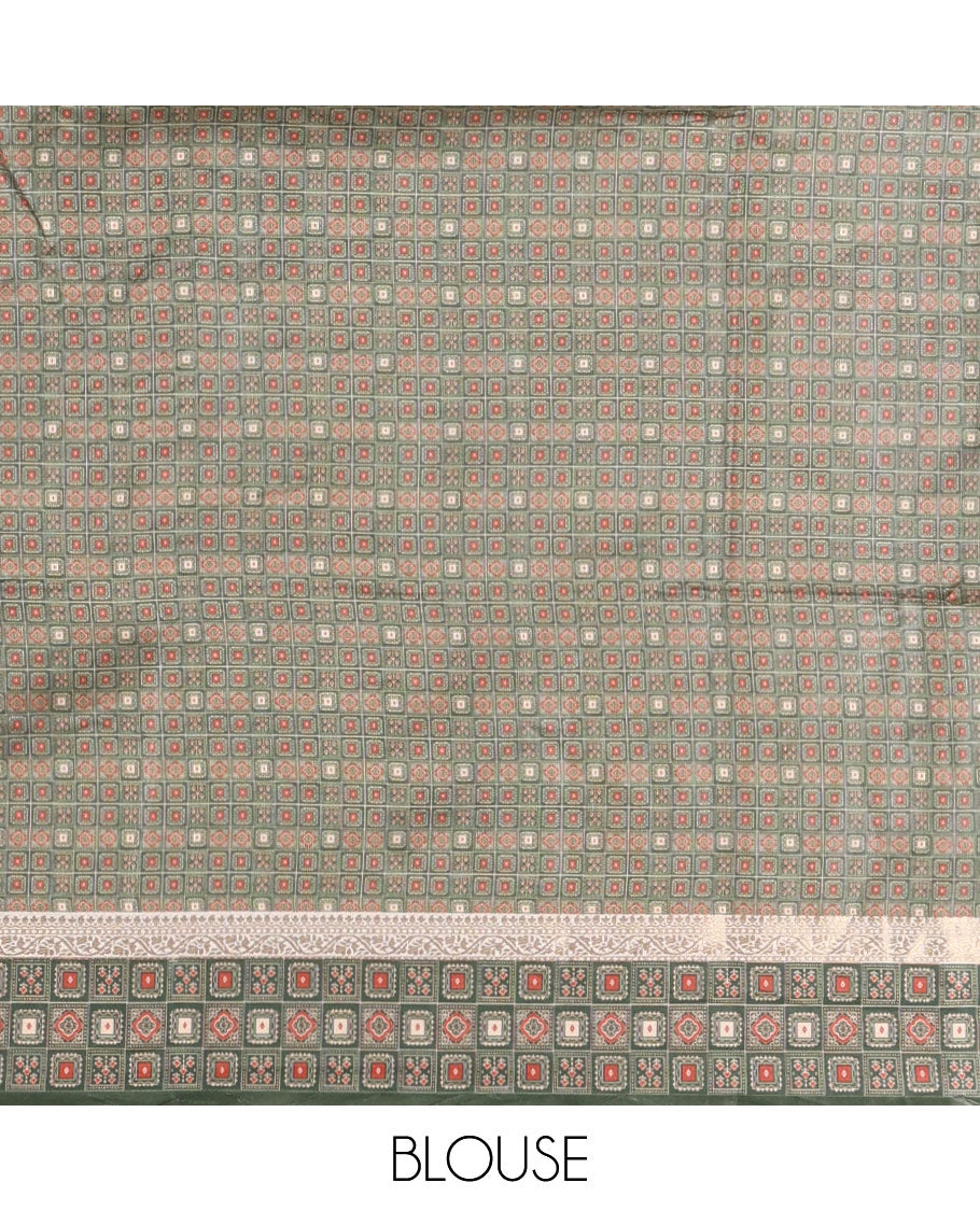 Cream gold zari buttas semi-organza saree, contrast zari & Ajrakh printed green border, zari weaving pallu & Ajrakh printed blouse