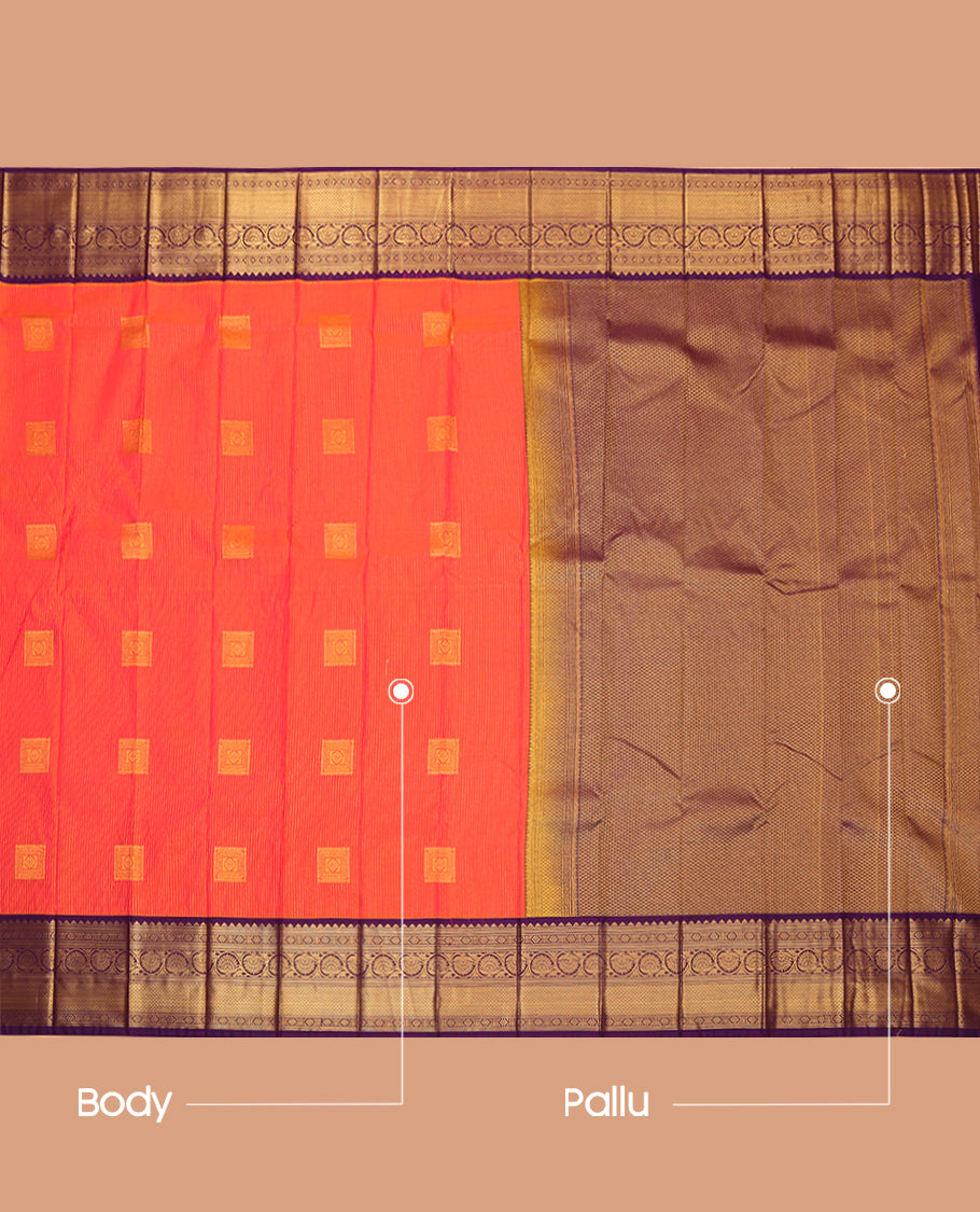 Orange Budget Silk Saree, Adorned with Zari Buttas and Stripes, Complemented by a Contrast Traditional Zari Border, Grand Jaal Pallu, and Contrast Blouse