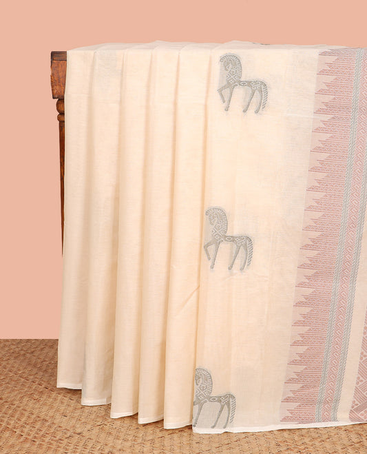 Borderless Sandal Coimbatore Cotton Saree Subtly Sparkled with Horse Motifs All Over Its Body, Subtly Woven Pallu of Geometric Patterns, and Paired with a Matching Blouse