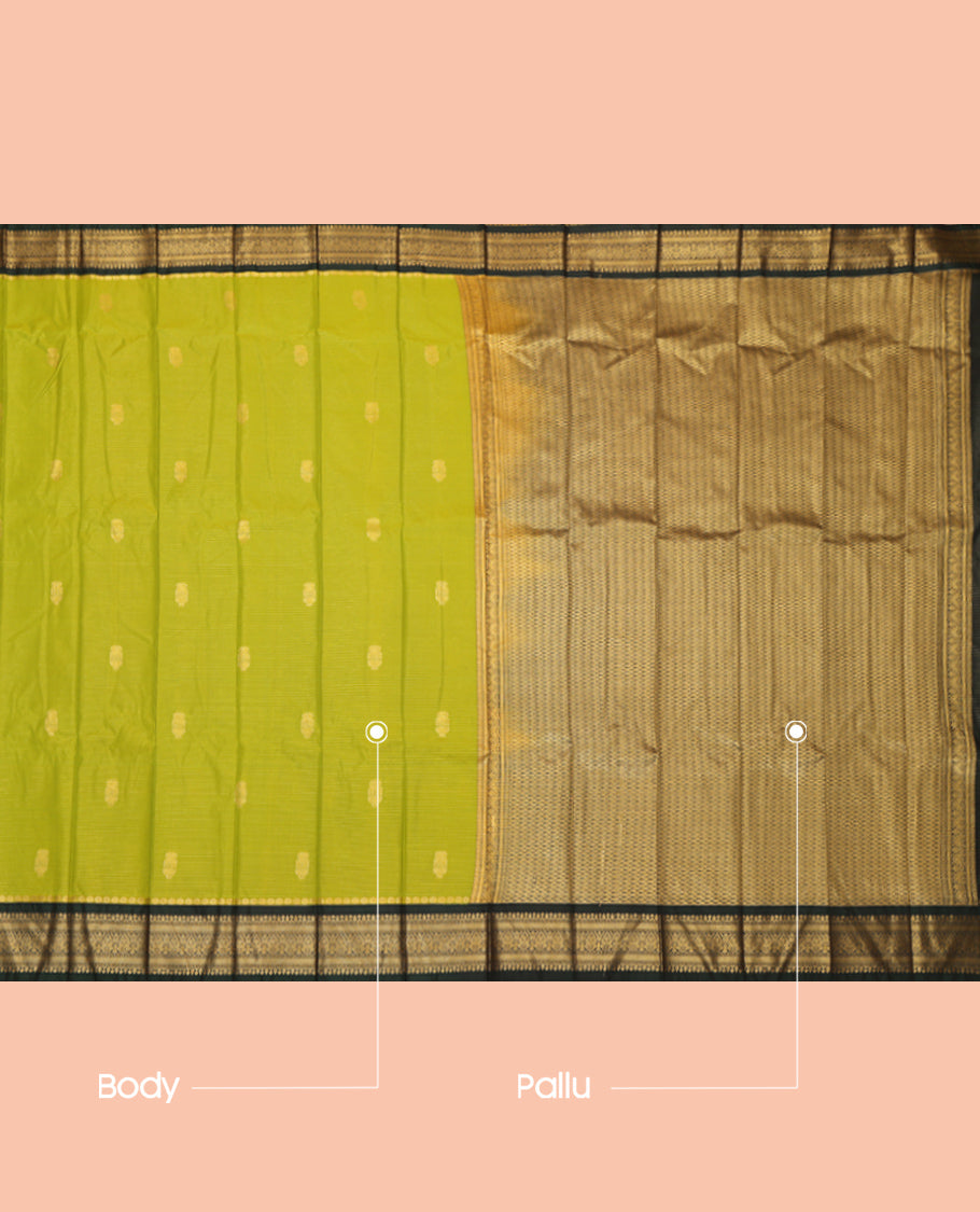 Green Budget Silk Saree, Adorned with Zari Buttas and Stripes, Complemented by Contrast Traditional Zari Border, a Grand Pallu and a Contrast Blouse