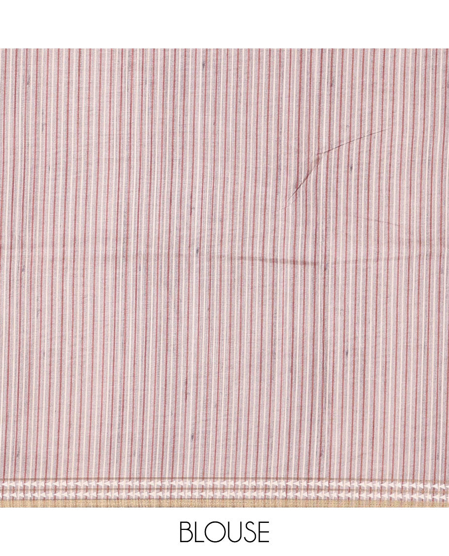 Orange full-plain design semi-tussar saree, contrast thread triangle motifs border, bird motifs printed pallu & contrast striped blouse