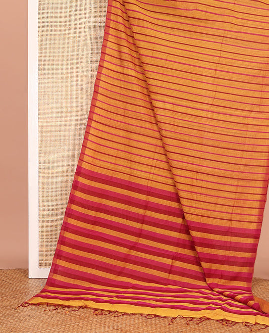 Borderless Orange-Base Mangalagiri Cotton Saree, Simply Adorned with Stripes All Over Its Body, Pallu Depicts Thick Stripes, and Paired with a Matching Blouse
