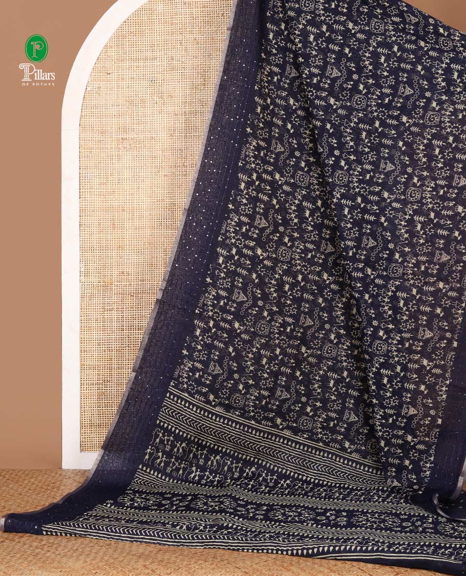 navy blue worli printed soft mercerised cotton saree with sequins work border & printed pallu along with butta design blouse