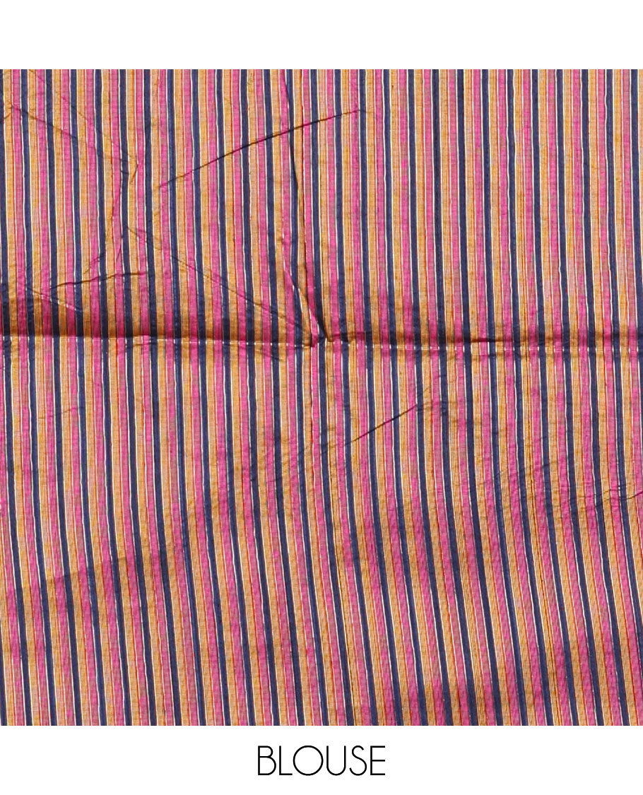 Blue thread buttas woven jute cotton saree, multi-color temple border, striped pallu, and a matching striped blouse