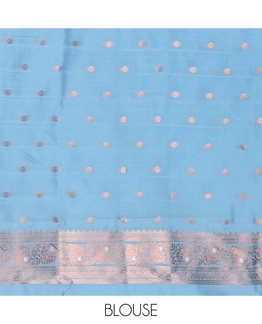 Borderless blue mulberry silk saree with copper & silver zari buttas, self-pallu of intricate designs & zari design blouse