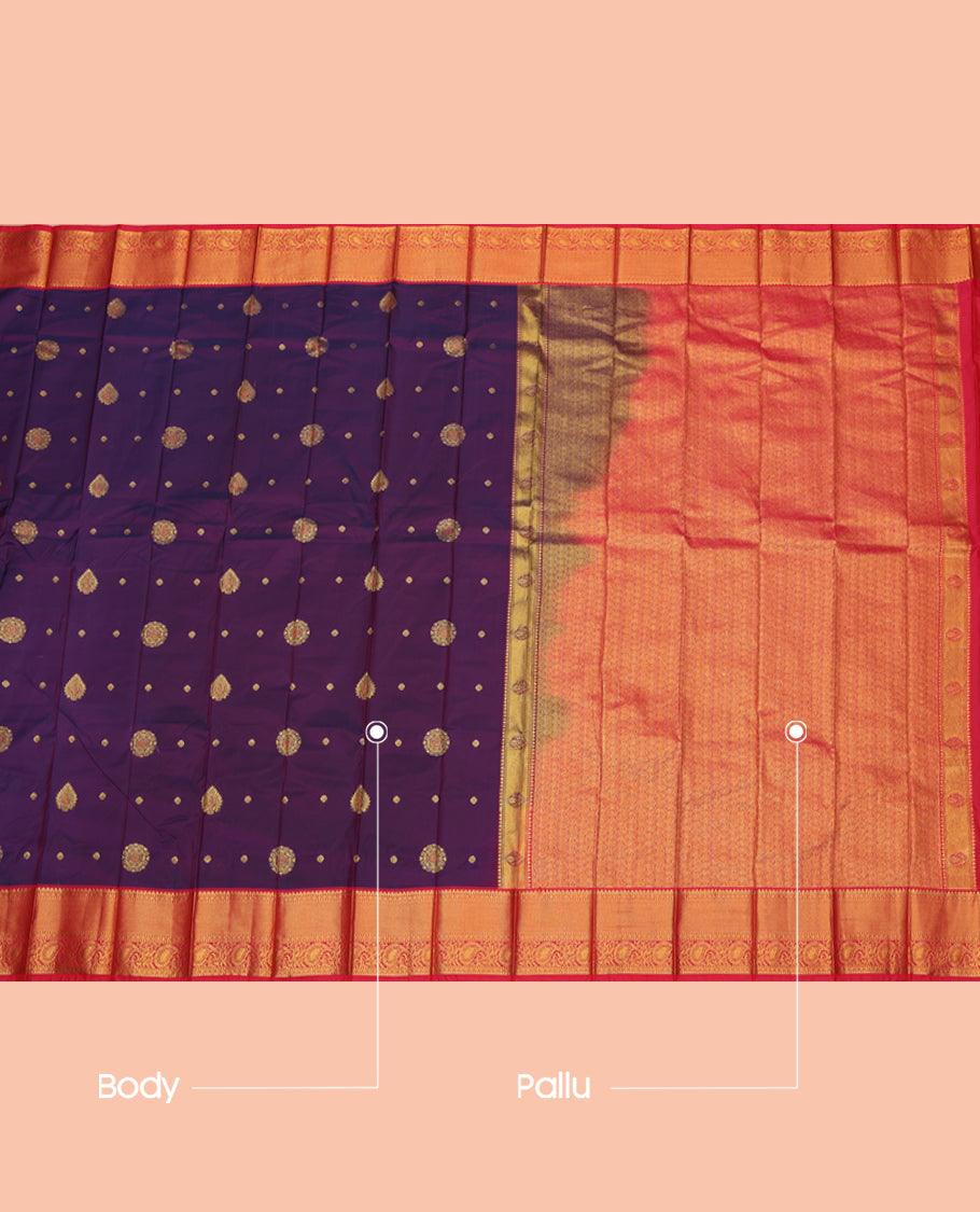 Purple Budget Silk Saree, Adorned with Zari Buttas, a Contrast Traditional Zari Border, Grand Jaal Pallu, and a Contrast Blouse